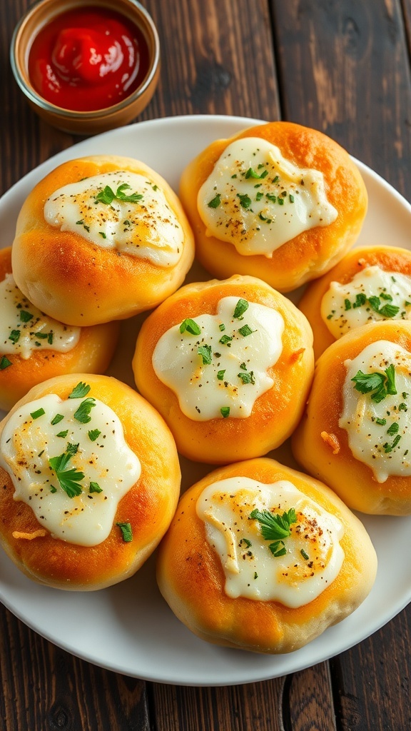 Cheesy Garlic Bread Buns Recipe A plate of cheesy garlic bread buns, golden brown with melted cheese, served with marinara sauce.